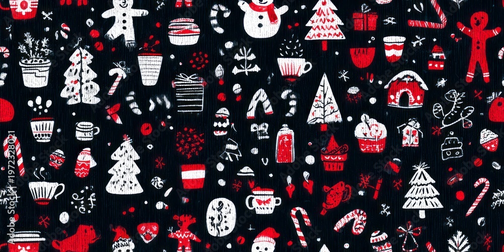 Naklejka premium Festive winter holiday pattern with icons of trees, gifts, and cheerful characters.