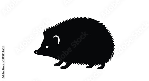 Black hedgehog silhouette walking on white background, side view, cute animal illustration for wildlife or nature concept