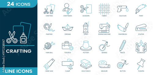 Crafting icon set. Crafting, scissors, fabric, sewing, paintbrush, origami, workshop, toolbox, yarn ball, pencil, glue gun, clamp, pottery and more. Line vector icons collection.