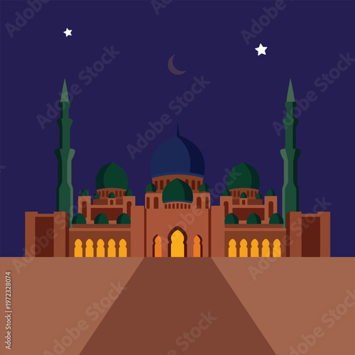 Mosque with Palm Trees Landscape Illustration
