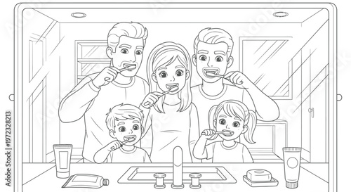Family Brushing Teeth Together in Bathroom Mirror Reflection