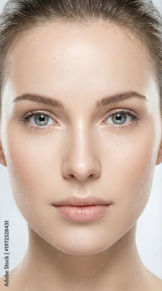 Fototapeta premium Close-up portrait of a young woman with flawless glowing skin and beautiful green eyes looking at camera, representing natural beauty, skincare, and healthy lifestyle