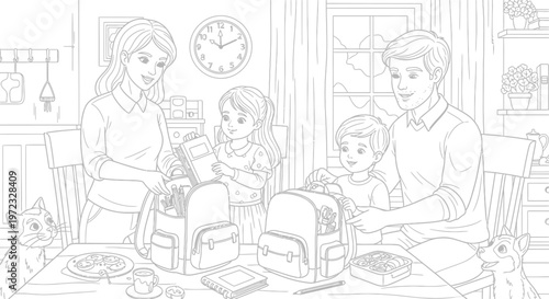 Family preparing backpacks for school, morning routine, happy kids and parents