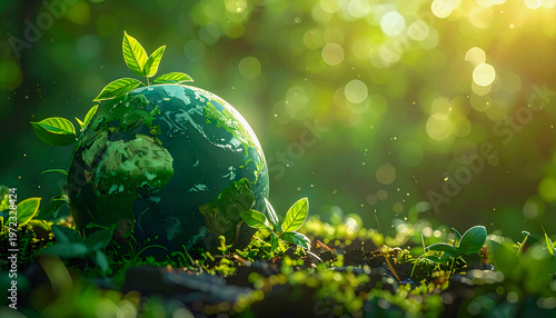 Green Earth Globe with Growing Plant Sprouts - Sustainable Environment and Ecology Concept
