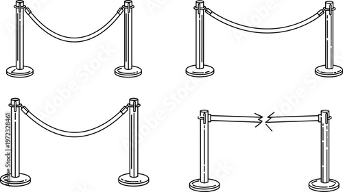 Collection of stanchion and rope barrier silhouettes showing intact and broken ropes, c