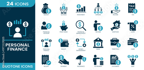 Personal finance icon set. Budget allocation, savings account, investment growth, expense analysis, income tracking, tax document, financial consultation, piggy, Duotone vector icons collection.