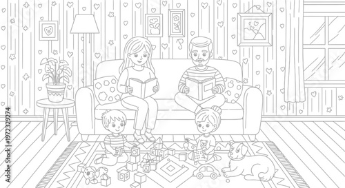 Family reading books in living room, coloring page, children playing with toys