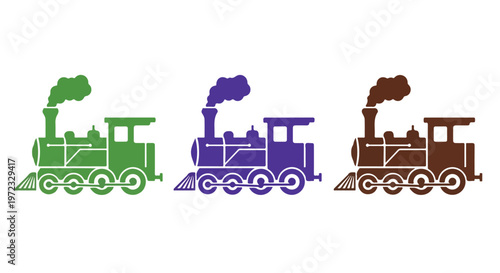 Three colorful vintage steam locomotives lined up side by side emitting smoke from their chimneys