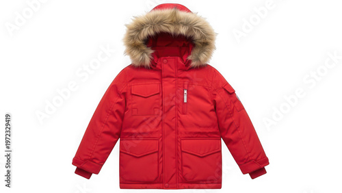A vibrant red winter coat with fur-lined hood on transparent background