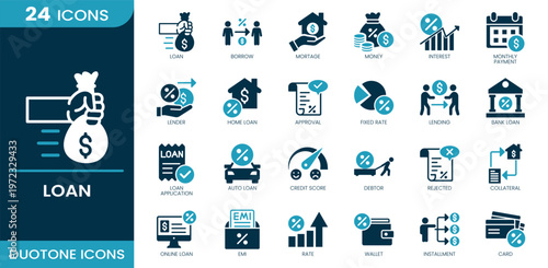 Loan icon set. Loan processing, borrowing activity, mortgage financing, fund allocation, interest percentage, monthly installment, lending operation, Duotone vector icons collection.