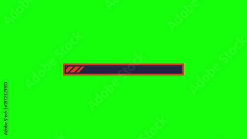 Animated 2D loading bar filling up from left to right, orange diagonal stripes moving, red border, isolated on green screen background.