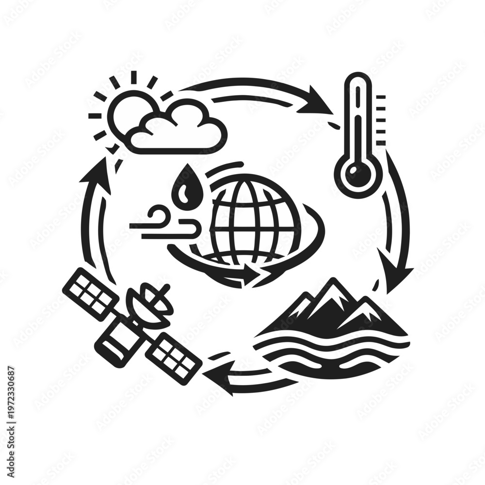 Fototapeta premium Global climate change observation icon illustrating earth, weather, temperature, and satellite monitoring