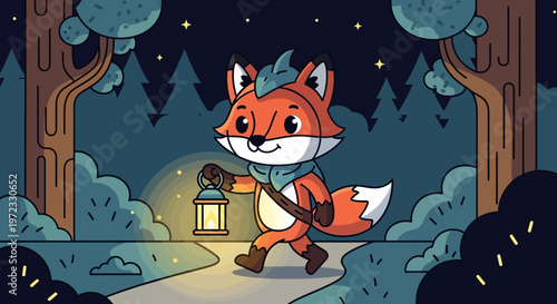 A cartoon fox holding a lantern walking on a path in a forest at night.