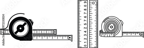 Illustration of two tape measures and one ruler, showcasing measuring tools with extended scales for construction, design, and educational artwork