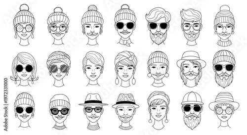 A diverse collection of cartoon faces with various headwear and sunglasses.