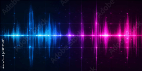Abstract blue background with digital sound wave lines forming a medical heartbeat pulse pattern on an ekg monitor display for health technology and medicine illustration