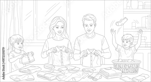 Happy Family Folding Laundry Together at Home, Children Helping Parents