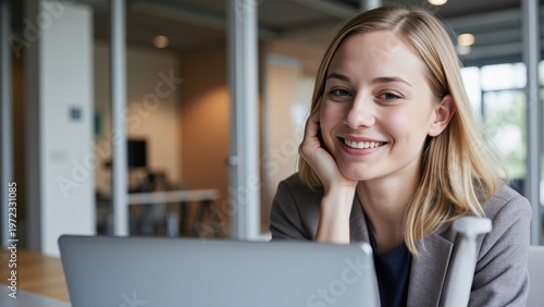 Caucasian woman wearing professional attire with laptop and hands on chin, smiling at camera.