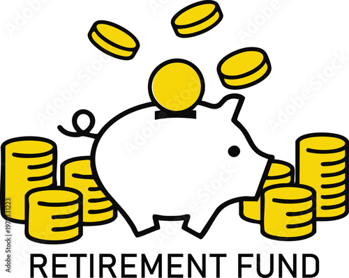 Piggy bank with falling coins and Retirement Fund text symbolizing savings and financial planning for the future isolated on white