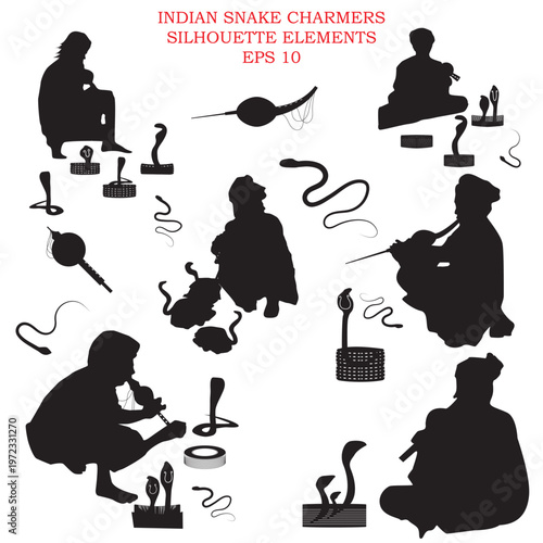 Indian snake charmers silhouette element isolated over white background with snakes,different positions of the man and the snake basket,pungi the snake charmer instrument.Editable vector eps10.