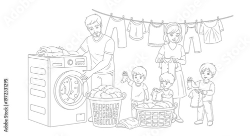 Family doing laundry together, washing machine, clothesline, happy parents and kids