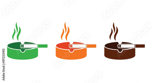 Three colorful ashtrays with lit cigarettes and smoke, isolated on a white background, symbolizing smoking and addiction