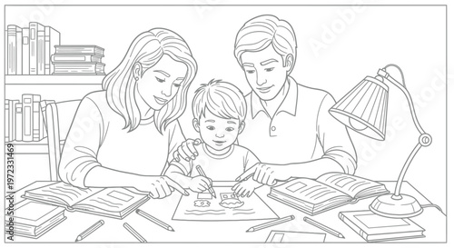 Family Studying Together: Parents Helping Child with Homework, Learning at Home