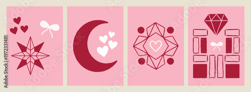 crescent moon hearts, geometric mandala art, love and spirituality, celestial romantic design, mystic pink background, aesthetic night vector, sacred geometry illustration
