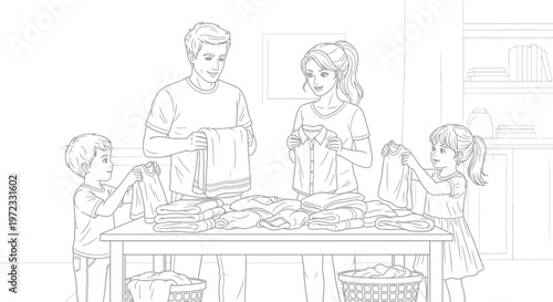 Family Folding Laundry Together, Household Chores, Happy Parents and Kids