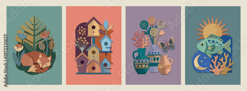 garden birdhouses art, vibrant spring blossoms, botanical nature illustration, bird sanctuary concept, floral garden design, colorful outdoor scene, spring landscape vector
