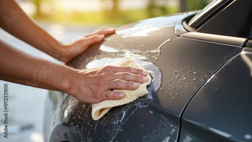 Hand washing a black car using a sponge and water. Daylight setting with car being cleaned.