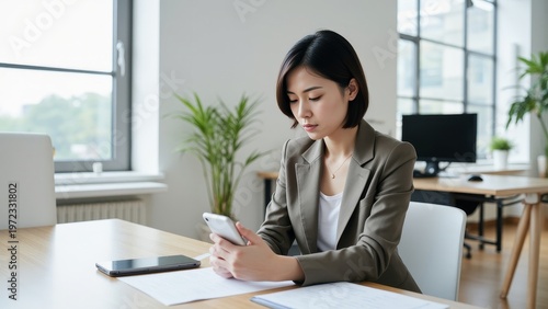 A young professional woman in a business suit using her cell phone while at work in an office.