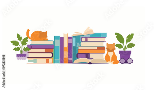 Cozy books and reading vector set with cute cats plants and glasses in horizontal layout isolated on white background