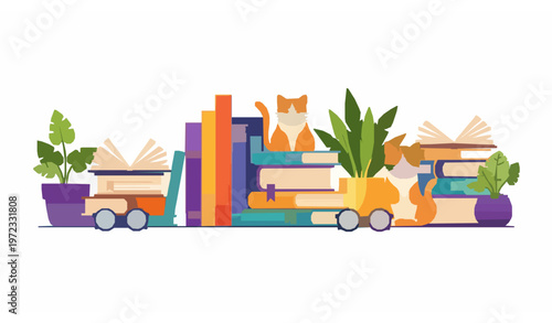 Minimal books and reading vector set with cute cat plant and glasses isolated on white background