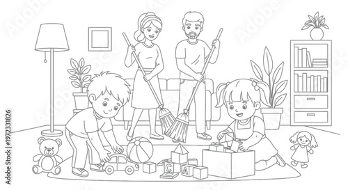 Happy Family Cleaning House Together, Kids Playing with Toys, Vector Illustration