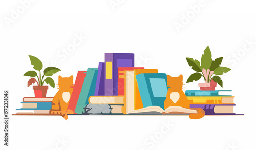 Cute cats and books reading vector set with plants and glasses in vertical composition isolated on white background
