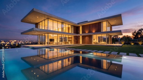 Modern two-story house with glass walls, concrete and wood design, warm interior lights, twilight sky, and reflective pool. Contemporary architecture with elegant symmetry.