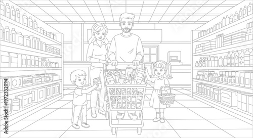 Family Shopping in Supermarket - Line Art Illustration