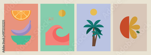 abstract red sea wave, tropical palm tree silhouette, summer sunset beach art, minimalist ocean wave vector, exotic island nature design, creative coastal landscape art, aesthetic summer vacation vect