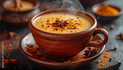 Hot Steaming Masala Chai Indian Spiced Tea in a Traditional Clay Cup