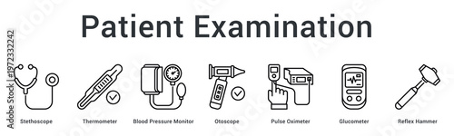 Patient examination banner web icon displays essential diagnostic tools for comprehensive health assessment procedures.