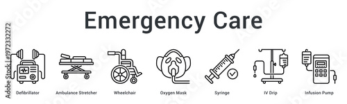 Emergency care banner web icon presents lifesaving equipment for rapid response and critical patient treatment.