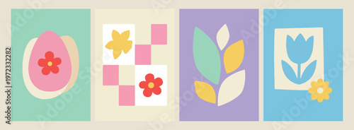 pink checkered square pattern, soft pastel leaves illustration, aesthetic grid and flowers, minimalist botanical spring art, modern feminine pattern design, creative floral grid vector, decorative pas