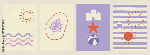 lavender leaf outline art, beach sandcastle and ball, summer vacation holiday vector, minimalist tropical travel icon, simple coastal nature illustration, aesthetic seaside vacation design, creative s