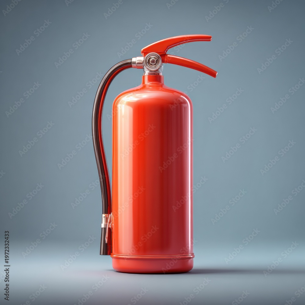 Fototapeta premium A red fire extinguisher floats on a white background under a spotlight. The design features a nozzle and hose, creating a focus on fire safety.