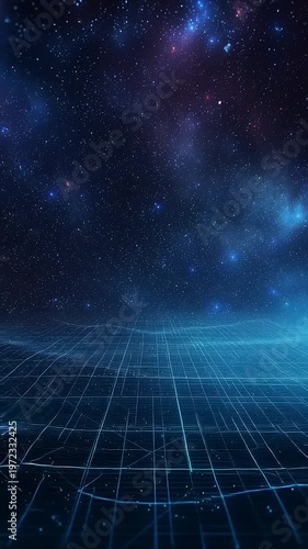 Futuristic Grid Landscape with Cosmic Background.