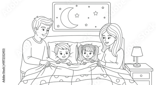 Happy Family in Bed: Parents Tuck Children into Sleep