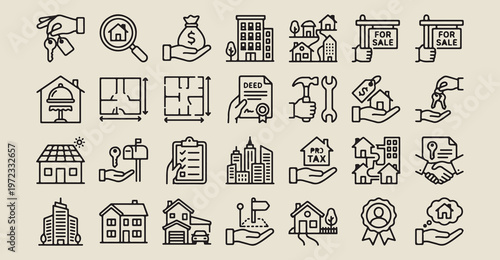 architecture service icon set, building construction line art, blueprint and plan icons, home renovation vector set, professional builder symbols art, architectural design tools set, construction mana