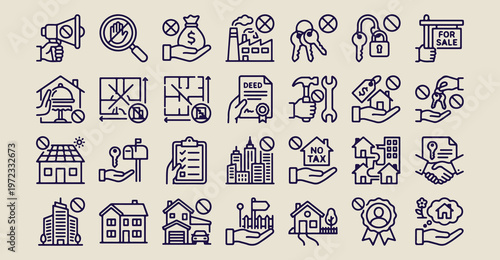 real estate and finance, house buying line art, property investment icons set, banking and mortgage vector, home ownership symbols art, financial document icons set, real estate agent tools
