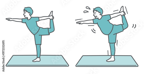 ダンサーのポーズをする標準体型の男性とぽっちゃり男性の比較セットイラスト